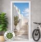 Türtapete Selbstklebend Blasenfrei | Santorini Mediterran Treppe Olivenbaum 200 x 90 cm und 220 x 100 cm | Tür Aufkleber Türfolie | Einteilig | Wasserfest 3D Türaufkleber Klebefolie Türposter Möbelfolie