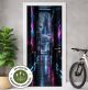 Türtapete Selbstklebend Blasenfrei | Cyberpunk Zukunftsstadt Neon Skyline 200 x 90 cm und 220 x 100 cm | Tür Aufkleber Türfolie | Einteilig | Wasserfest 3D Türaufkleber Klebefolie Türposter Möbelfolie