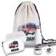 Kinder Schulset Brotdose, Trinkflasche, Turnbeutel personalisiert mit Namen | Set Wasserflasche Edelstahl | Lunchbox mit Trennwand | Geschenk zur Einschulung & Kindergarten | 2 - Feuerwehr blau