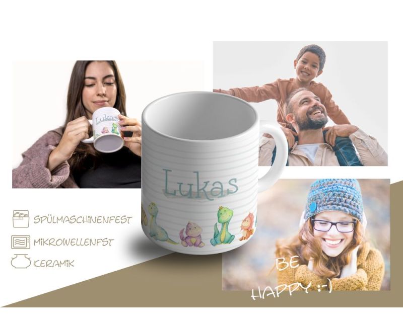 Personalisiertes Kindertasse Aus Kunststoff – Mit Dino & Schmetterling, Wunschname, 320 Ml, Henkel